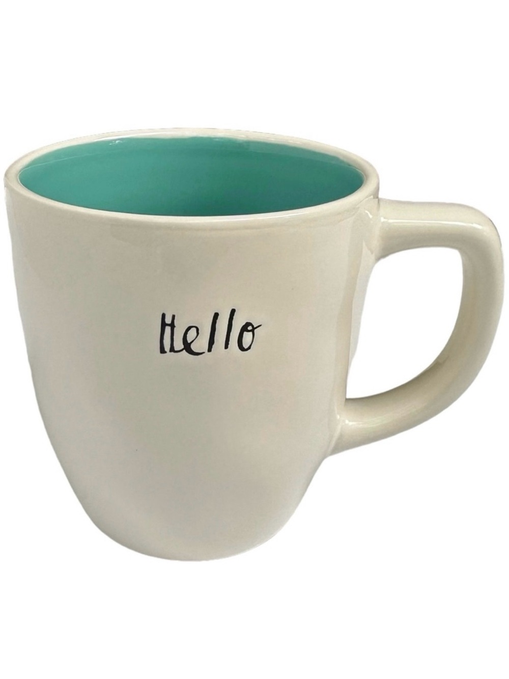 Rae Dunn Hello Mug Coffee Tea White Aqua Letters Interior Dimples 2017 OG New